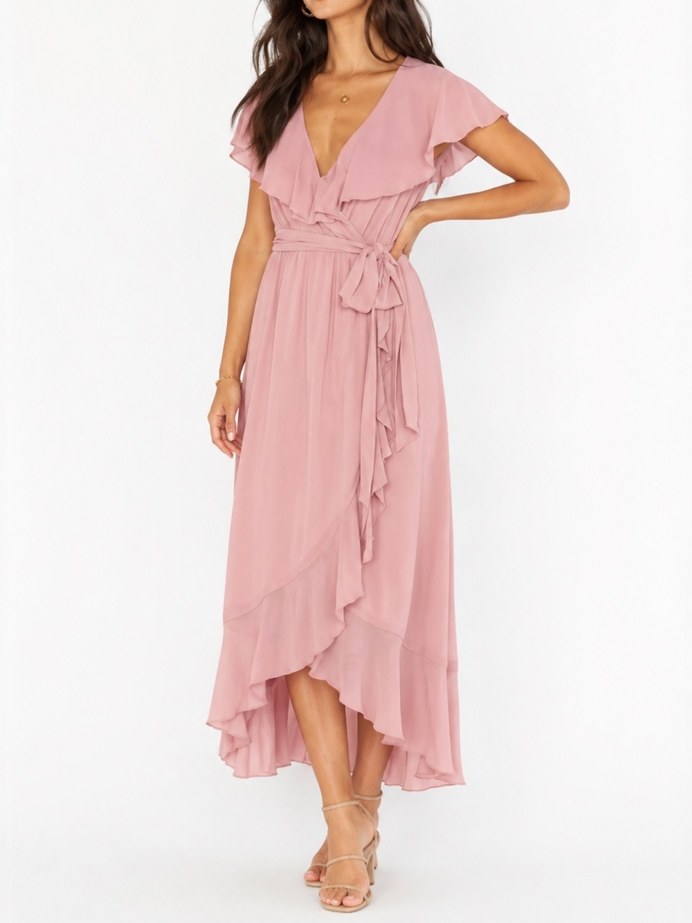 Show Me Your MuMu Jess Chiffon Midi Dress L Dusty Pink Wedding Guest Bridesmaid